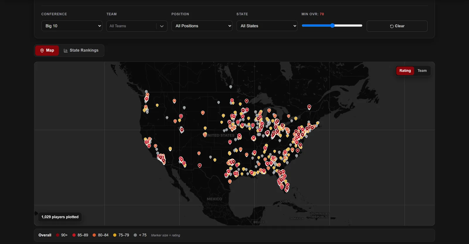 Click to enlarge Map of the United States showing Big Ten player hometowns spread across the Midwest and coasts