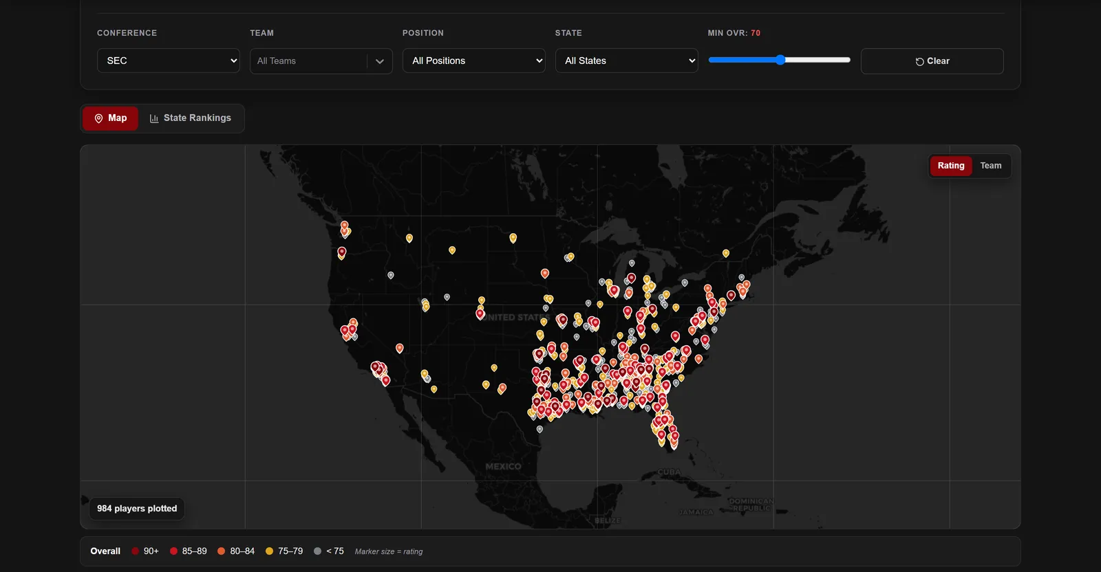 Click to enlarge Map of the United States showing SEC player hometowns concentrated in the South